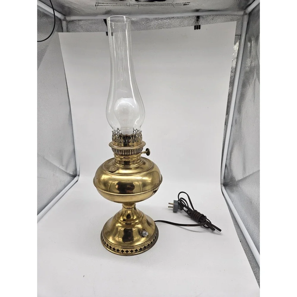 Vintage Brass Converted Electric Oil Lamp Clear Chimney